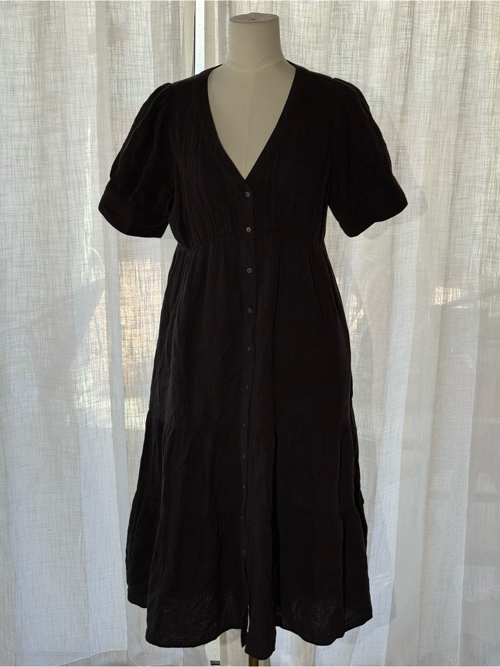 Madewell Black Double Gauze Cotton Button Front Midi Dress Puff Sleeve Tiered Si